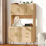 Rovaurx 70.9" Kitchen Pantry Cabinet with Microwave Shelf, Rattan Kitchen Hutch Cabinet with Charging Station, Tall Floor Cupboard Cabinet with Drawers and Doors, Natural KBG002ME Rovaurx