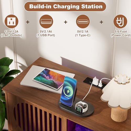Large Record Player Stand with Storage & LED Lights, Vinyl Record Storage Cabinet with Charging Station Holds Up to 350 Albums, Mid Century Modern Turntable Stand for Living Room (Walnut) YKVIQBY