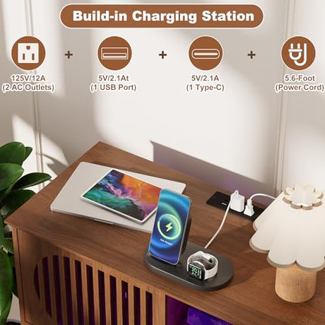 Large Record Player Stand with Storage & LED Lights, Vinyl Record Storage Cabinet with Charging Station Holds Up to 350 Albums, Mid Century Modern Turntable Stand for Living Room (Walnut) YKVIQBY