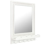 Tirzah 16x12 Inch Wall Mount Beaded Wood Framed Mirror with Shelf and 6 Hooks, White Decorative Entryway Mirror with Storage for Laundry Room, Bathroom, Bedroom Tirzah