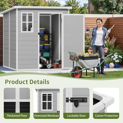 Osparple 6x6 FT Gray Resin Garden Storage Shed - Waterproof Outdoor Storage Resin Shed with Floor | Lockable Door, Window & Vents Tool Sheds for Bikes, Tools & Patio,Backyard,Lawn Osparple