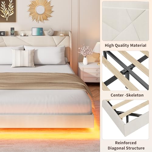 GarveeHome King Floating Bed Frame with LED Lights & Charging Station, Upholstered Platform Beds with Storage Headboard & Folding Shelves Storage, Metal Slats Support, No Box Spring Needed, Beige GarveeHome
