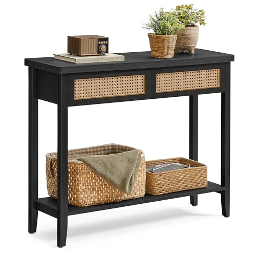 VASAGLE Console Sofa Table, Narrow Entryway Table, 2 Drawers, Open Storage Shelf, Rounded Corners, for Living Room, Boho Style, Ash Black ULNT016BF01S VASAGLE
