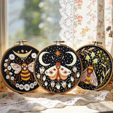 Hand Embroidery Starter Kits for Beginners Adults, Counted Stamped Cross Stitch Kit for Beginners Adults, Embroidery Needlepoint Kit with Moth Flower Pattern, 3 Hoops (Attached Teaching Video QR Code)