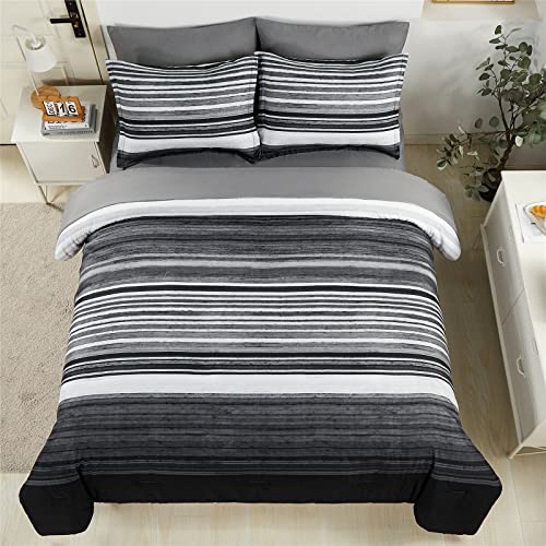 KAKIJUMN 7 Piece Bed in a Bag Stripe Comforter Set Full Size, White Grey Black Patchwork Striped Comforter and Sheet Set, All Season Soft Microfiber Complete Bedding Sets(Grey,Full) KAKIJUMN