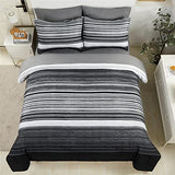 KAKIJUMN 7 Piece Bed in a Bag Stripe Comforter Set Full Size, White Grey Black Patchwork Striped Comforter and Sheet Set, All Season Soft Microfiber Complete Bedding Sets(Grey,Full) KAKIJUMN