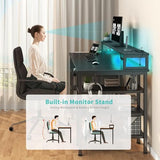 Lufeiya Gaming Desk with LED Lights and Storage Shelves, 47 inch Computer Desk with Power Outlets, Home Office Desk with Monitor Stand, Writing Table PC Desks, Black Lufeiya