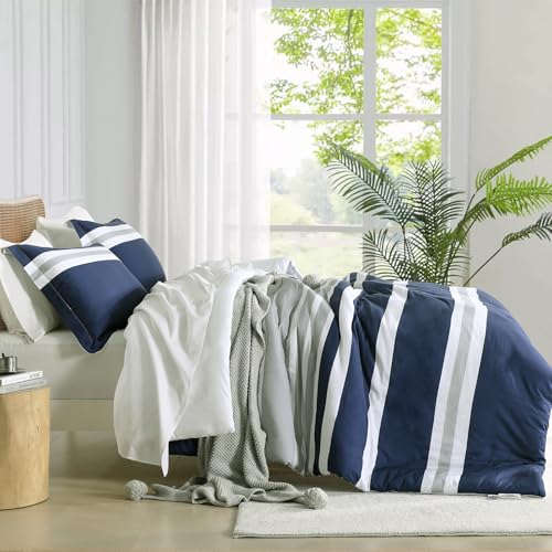 Finlonte King Size Comforter Set, Navy Blue Grey White Striped Comforter Bedding Set, 100% Cotton Luxury Fluffy Cozy Bed Set, Modern Minimalist Lightweight King Quilted Comforter All Season, 104"x90" Finlonte