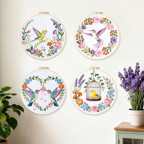 BEUNITONE 4 Set Embroidery Kit for Beginners, Wreath and Bird Cross Stitch Kits, Needlepoint Kits for Adults with Instructions and Full Kit, Elegant Hand Embroidery Patterns for Cloth and Home Decor BEUNITONE