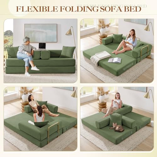 Antetek 78" Convertible Futon Sofa Bed, 3-Seater Modern Corduroy Foam Floor King Size Bed Foldable Sleeper Lounge Loveseat Sofa Couch with 2 Throw Pillows for Living Room Bedroom Guest Room, Green Antetek