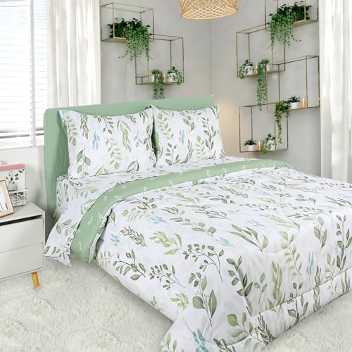 DILIMI Twin Comforter Set for Girls, Reversible 5 Pieces Comforter Twin Size Bed, Green Leaf Ultra Soft Twin Bedding Sets with Comforter, Flat Sheet, Fitted Sheet, 2 Pillowcase DILIMI