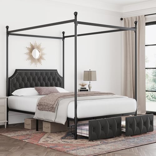 Keyluv Full Upholstered Canopy Bed Frame with 2 Storage Drawers & Button Tufted Headboard, Metal Platform Bed with 4 Removable Posts, Two-Purpose Velvet Bed, Dark Grey/Curtain Not Included