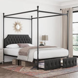 Keyluv Full Upholstered Canopy Bed Frame with 2 Storage Drawers & Button Tufted Headboard, Metal Platform Bed with 4 Removable Posts, Two-Purpose Velvet Bed, Dark Grey/Curtain Not Included