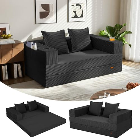 COMAX Futon Sofa Bed, 4‑in‑1 Convertible Sofa Bed, Folding Boneless Couches for Living Room, Fold Out Small Foldable Loveseat Floor Sleeper Comfy Mattress Lounge Space‑Saving, Black COMAX