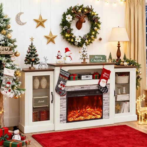 70-inch Electric Fireplace with Mantel, Fireplace TV Stand, Farmhouse Style Console Height Wooden Entertainment Center with Storage,4800 BTU 60-99°F Heating for Living Room,Bedroom TRONLEE