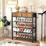 Kitstorack Shoe Rack, 5 Tier Shoe Organizer for 12-16 Pairs of Shoes, with 2 Drawers, 3 Fabric Shelves and Wooden Top, Shoe Rack for Closet Entryway, Rustic Brown Kitstorack