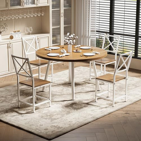 IRONCK Dining Table Set for 4, Round Kitchen Table and 4 Stool Chair for Dining Room, 44.5inch Drop Leaf Desk, Small Space Saving, Natural Wood IRONCK