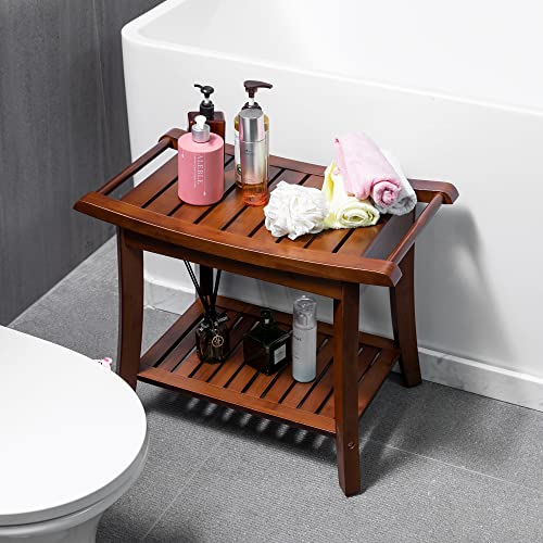 Forevich Bamboo Shower Bench Stool with Storage Shelf Waterproof Shower Chair Spa Bath Seat Excellent for Indoor Use Chestnut Brown