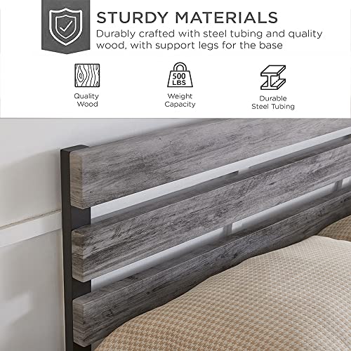 King Size Metal Bed Frame with Wood Headboard & Footboard – No Box Spring Needed, Easy Assembly in Grey - WoodArtSupply