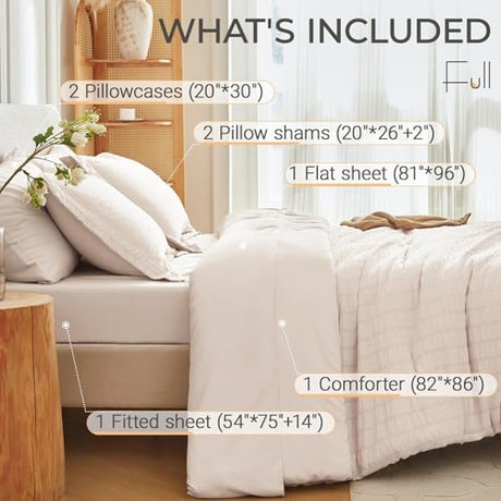 MUXHOMO 7 Pieces Full Comforter Set, Seersucker Bed in a Bag Full Size, All Season Luxury Bedding Set with Comforter, Flat Sheet, Fitted Sheet, Pillowcases & Shams, Beige MUXHOMO