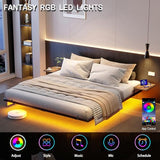 Bigu Floating Bed Frame King with Bedside Tables, Charging Station and LED Lights Metal Platform U.S. Standard, Black Bigu