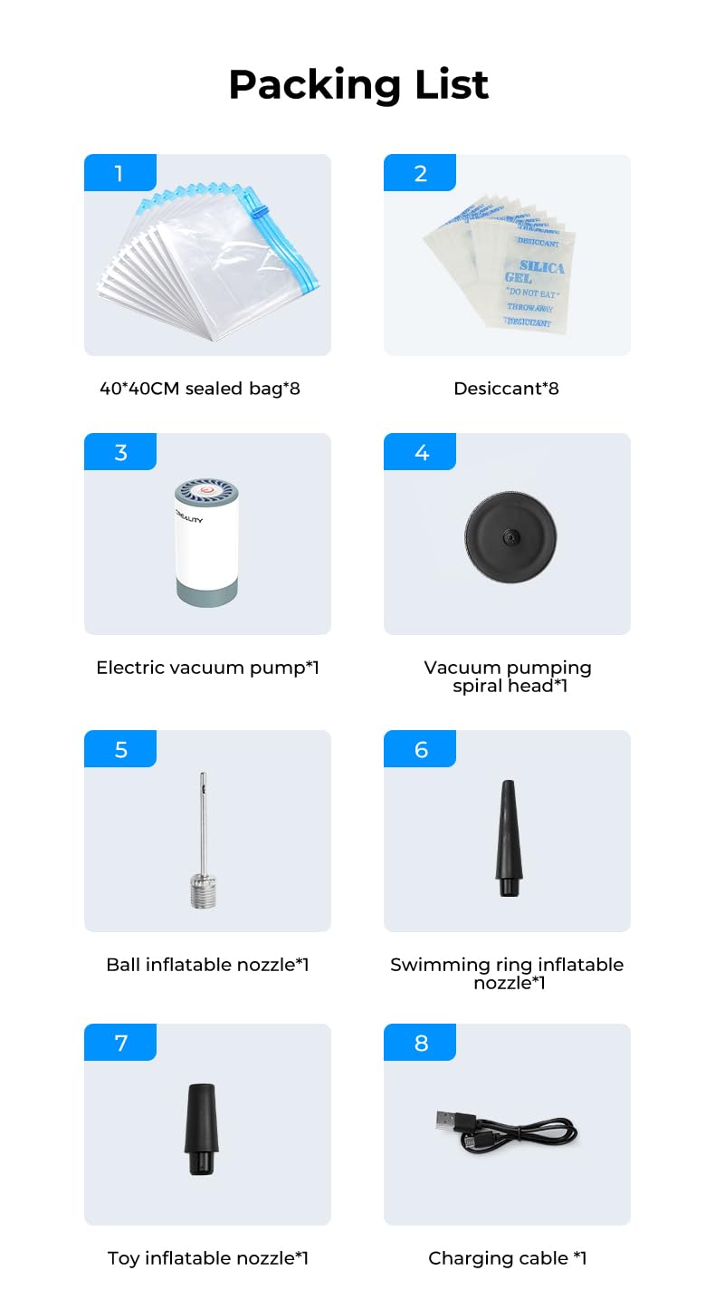 Creality Upgraded 3D Printer Filament Storage Bag Kit Prevent and Monitor Moisture PLA Storage Dry Bags (8 x Vacuum Sealed Bags,1 x Electric Vacuum Pump, 8 x Desiccant), 40x40cm Lokkr