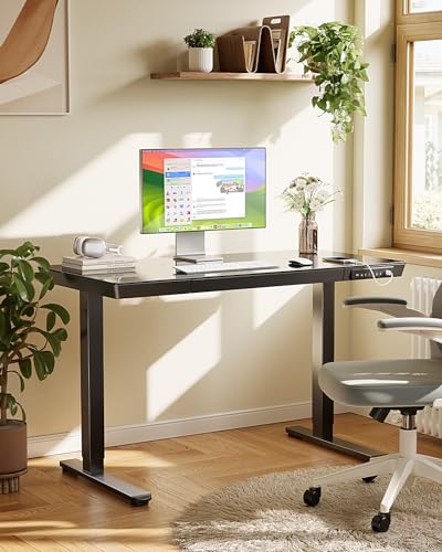 Marsail Glass Standing Desk with Drawer,55 x 28 inch Electric Standing Desk, Sit Stand Desk with One-Piece Tabletop & USB Charging Ports, Height Adjustable Desk with Storage for Home & Office Black Marsail