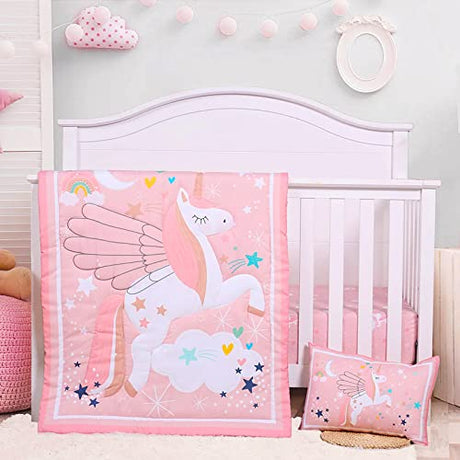 UOMNY Crib Bedding Set for Girls - Pink Baby Nursery Sets 3 Pieces Quilt Comforter Fitted Sheet Toddler Pillowcase Soft Star UOMNY