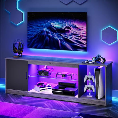 Bestier LED TV Stand for 55/60/65 Inch TV, Gaming Entertainment Center with Cabinet for PS5, Modern TV Cabinet with Adjustable Glass Shelves for Living Room, Bedroom 58 Inch, Grey Wash