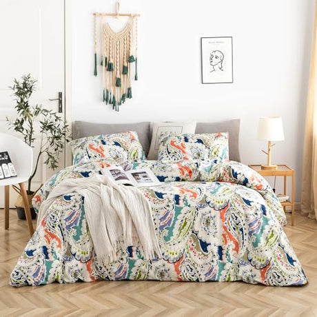 YuHeGuoJi Orange Blue Boho Duvet Cover King 100% Cotton 3 Pcs Set 1 Bohemian Paisley Duvet Cover with Zipper Ties 2 Pillowcases Vintage Colorful Paisley Floral Bedding Set Soft YuHeGuoJi