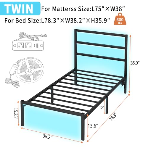 CLIBFENG Twin Bed Frame with Headboard,Heavy Duty Steel Slats Support-LED Bed Frame with USB Charging Station,Mattress Foundation-Under Bed Storage,No Box Spring Needed,Noise Free，Black CLIBFENG