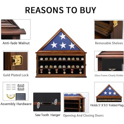 Zmiky Large Burial Flag & Military Challenge Coin Display Case Solid Wood Cabinet Fits a 5 X 9.5 Flag Folded Removable 2 Grooves Shelves and Lockable - WoodArtSupply