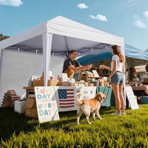 Driftalia 10x10 Pop Up Canopy with Sidewalls, Outdoor Instant Canopy Tent with Carry Bag for Commercial Events, Camping, Backyard Parties - White Driftalia