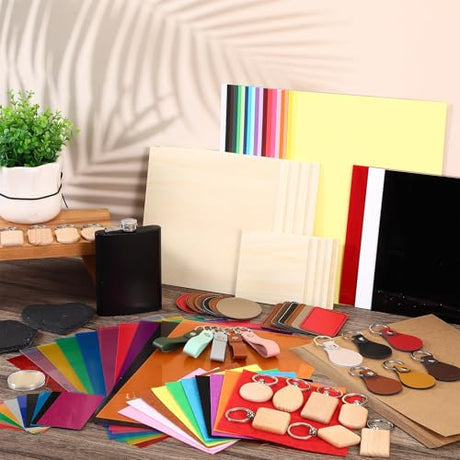 Tondiamo 137 Pcs Laser Material Explore Kit Laser Cutting Materials Engraving Material Accessories Including Acrylic, Wood, Metal, PU Leather, Fabric, Rock, Rubber Materials for Laser Cutter Engraver Tondiamo