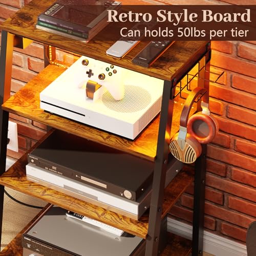 4-Tier AV Media Stand with Power Strips, Heavy Duty Stereo Cabinet Stand with LED Lights, Wooden Record Player Stand with 2 Hooks, Audio Stand Furniture Perfect for DVD Player/Game Console/TV Box/Xbox X-cosrack