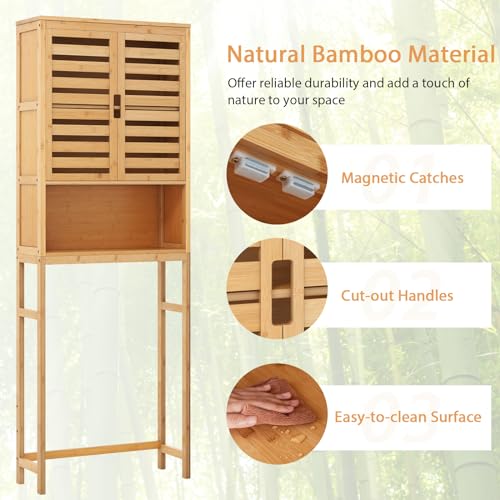 Tangkula Over The Toilet Storage Cabinet, Tall Natural Bamboo Bathroom Shelf Over Toilet with 2 Doors & Open Shelf, Freestanding Toilet Bathroom Space Saver, 24.5 x 9 x 67 Inch (Natural) - WoodArtSupply