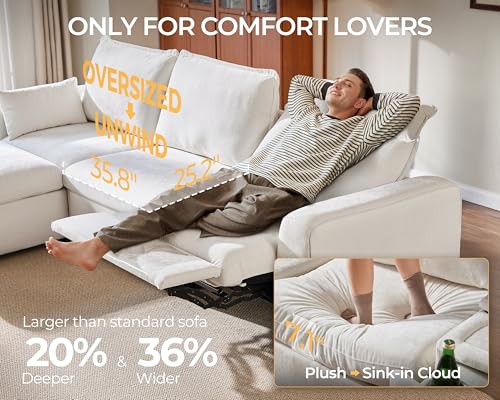 Bedeep Oversized Modular Sectional Sofa with Double Power Recliner, Cloud Reclining Couch with Headrest, Storage Drawer Charging Cup Holders, Deep L-Shaped 6 Seater with Corner, Chenille, White