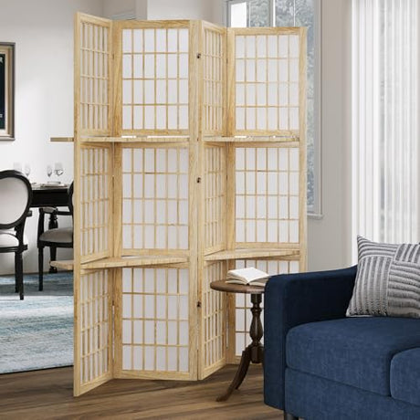 5.6FT Room Divider and Folding Portable Partition Screen, Chinese Japanese Shoji Style with Three Display Shelves for Room Separation - 4 Panel (Natural) Svimi