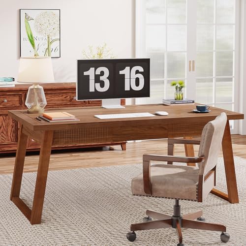 Tribesigns Home Office Executive Desk: 55 Inches Solid Wood Computer Desk with Drawer, Mid-Century Modern Study Writing Table, Rustic PC Laptop Desk Workstation Furniture, Walnut Brown - WoodArtSupply