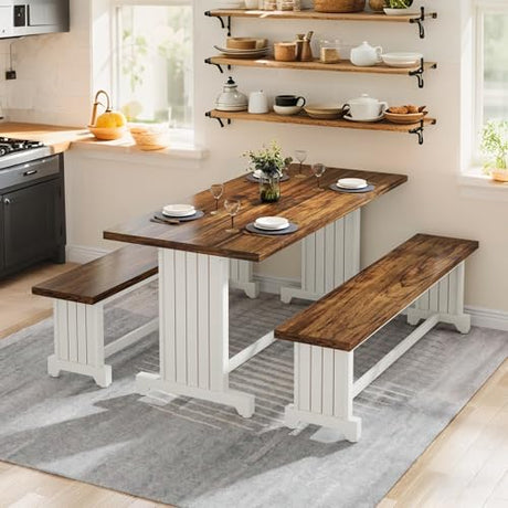 Tribesigns 47-Inch Small Dining Table Set for 2, 3-Piece Kitchen Table with 2 Benches, Farmhouse Wood Dinner Furniture for Narrow Space, Apartment, White & Rustic Brown Tribesigns