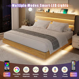 Feonase Floating Bed Frame King with Led Lights and Charging Station, Wood Full Size Bed Frame with Storage Headboard, Heavy Duty Metal Slats, No Box Spring Needed, Easy Assembly,Oak Feonase