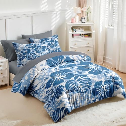 Nesker Comforter Set Full Size, Hawaiian Hawaii Flower 7 Pcs Bedding for Kids and Adults, Surf Hibiscus Floral Bed Sheet Sets with Fitted Sheet 2 Pillowcases & 2 Shams Nesker