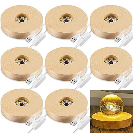 Honoson 8 Pcs Wooden LED Display Base Lighted Base for Crystal Art Wood Display Lighted Base for Glass Art LED Lighted Base for Display 3D Crystal Glass Warm Light (Round Surface Style) Honoson
