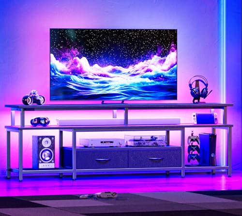 Huuger TV Stand for 65 70 Inch TV, Entertainment Center with Power Outlets and LED Lights, TV Console for Living Room, Media Console with Drawers and Shelves, Black Huuger