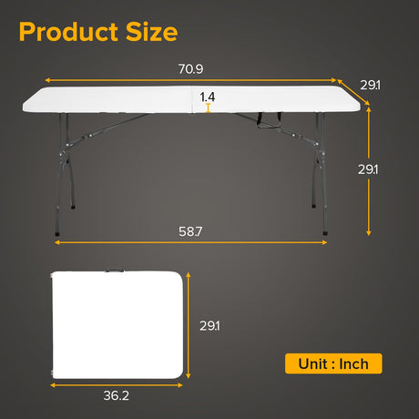 Folding Table 6FT Portable Heavy Duty Plastic Camping Table Foldable Table Plastic Dining Table Indoor Outdoor for Camping, Picnic and Party, White Dopinmin