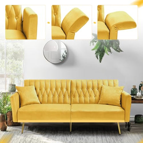 ACMEASE 70” Velvet Futon Sofa Bed w/Adjustable Armrests & 2 Pillows, Convertible Futon Couch w/Adjustable Backrests, Modern Sleeper Bed for Living Room, Bedroom, Yellow ACMEASE