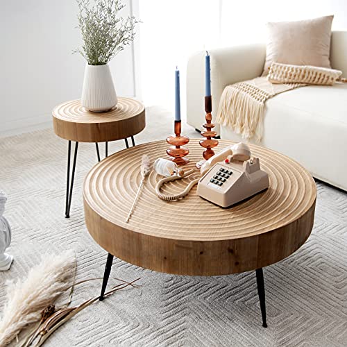 COZAYH 2-Piece Modern Farmhouse Living Room Coffee Table Set, Nesting Table Round Natural Finish with Handcrafted Wood Ring Motif, Wood Colour - WoodArtSupply