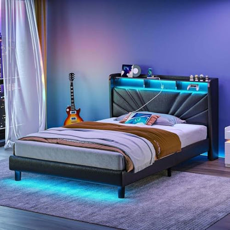 Rolanstar Twin Size Bed Frame, Storage Headboard with Charging Station and LED Lights, Upholstered Bed with Heavy Duty Wood Slats, No Box Spring Needed, Noise Free, Easy Assembly, Black Rolanstar