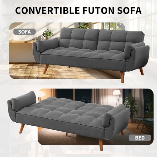 Homies Life Convertible Futon Sofa Bed, Linen Sleeper Couch, 75" W Modern 3 Seater Tufted Sofa with Solid Wood Legs and Adjustable Backrests for Small Spaces, Living Room, Bedroom, Dark Gray Homies Life