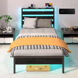 J.Fkne Twin Bed Frame with Headboard, Platform Bed with LED & Charging Station, Heavy Duty Metal Slats, No Box Spring Needed, Noise Free, Easy Assembly, Black J.Fkne